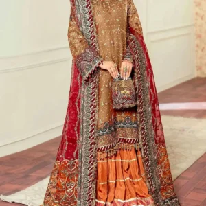 Luxury Embroidered Rusty Gold Khaddi NET Bridal Dress