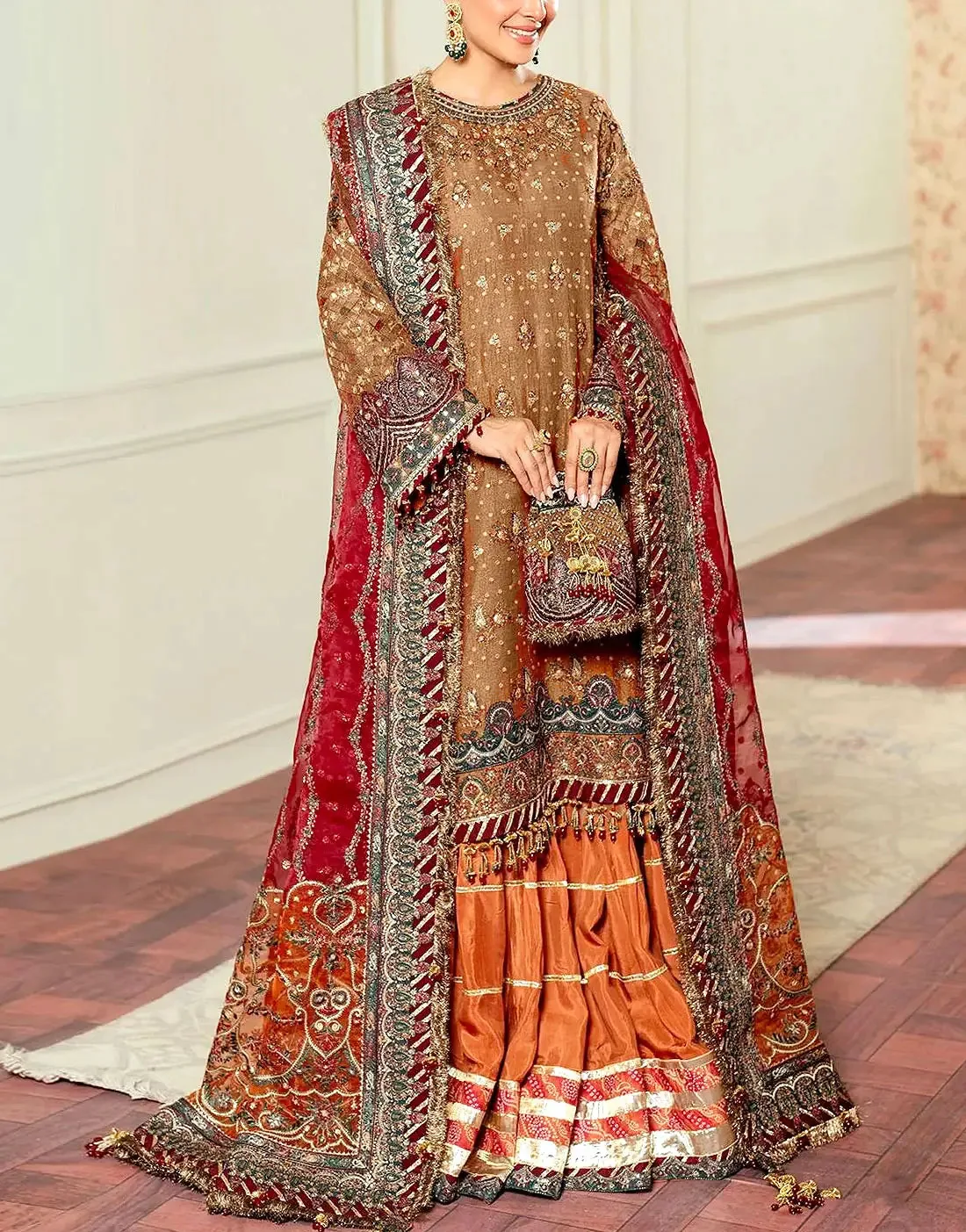 Luxury Embroidered Rusty Gold Khaddi NET Bridal Dress