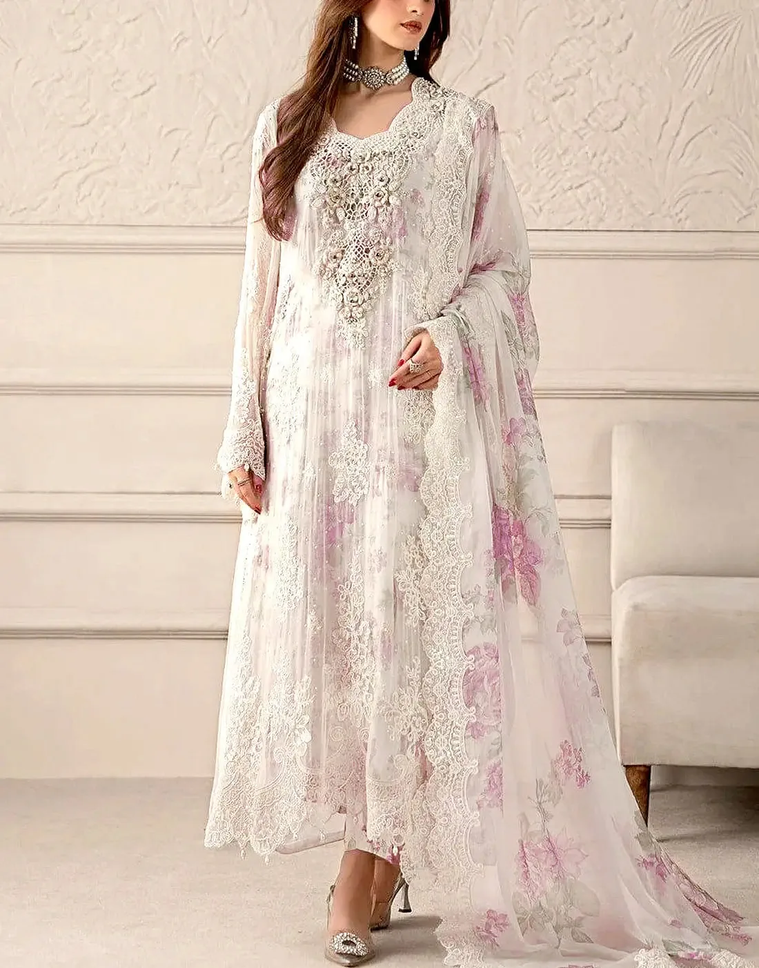 Heavy Embroidered White Chiffon Wedding Wear Dress with