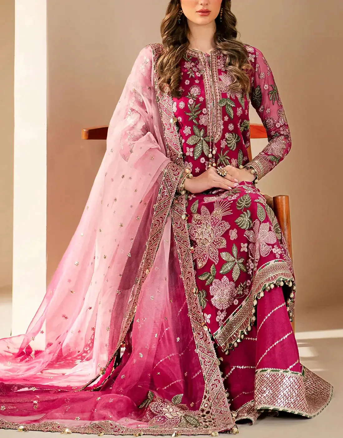 Glamorous Heavy Embroidered Chiffon Wedding Wear Dress with
