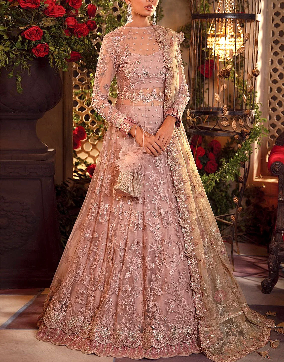 Heavy Embroidered with Hand Embelished Dusty Rose Net