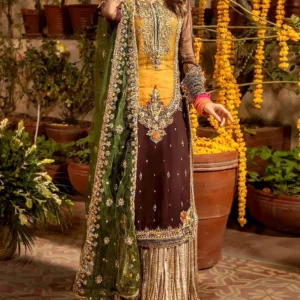 Heritage Heavy Embroidered Chiffon Mehndi Dress with Rich