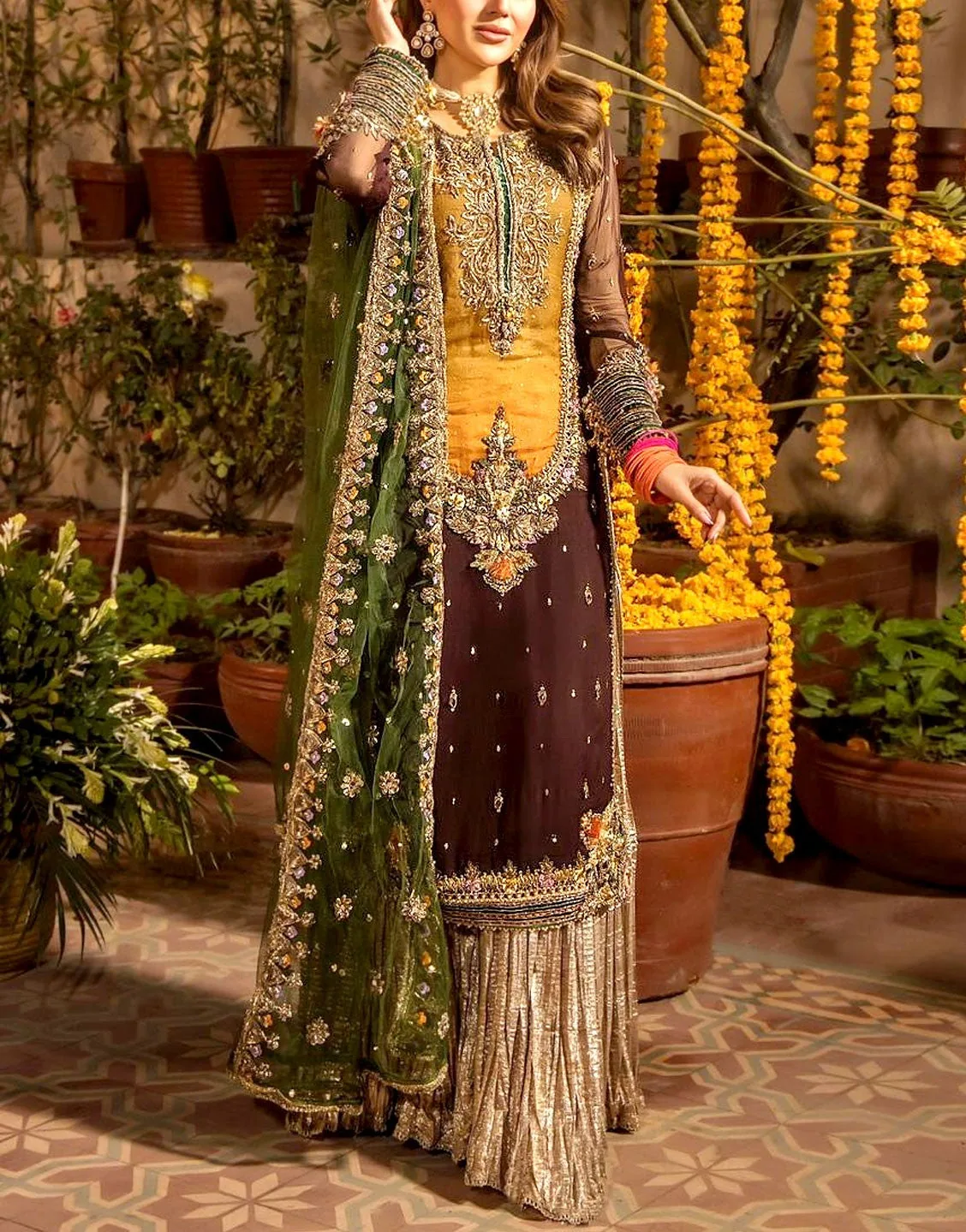 Heritage Heavy Embroidered Chiffon Mehndi Dress with Rich