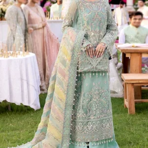 Glamorous Heavy Embroidered Mint Green Organza Wedding Dress