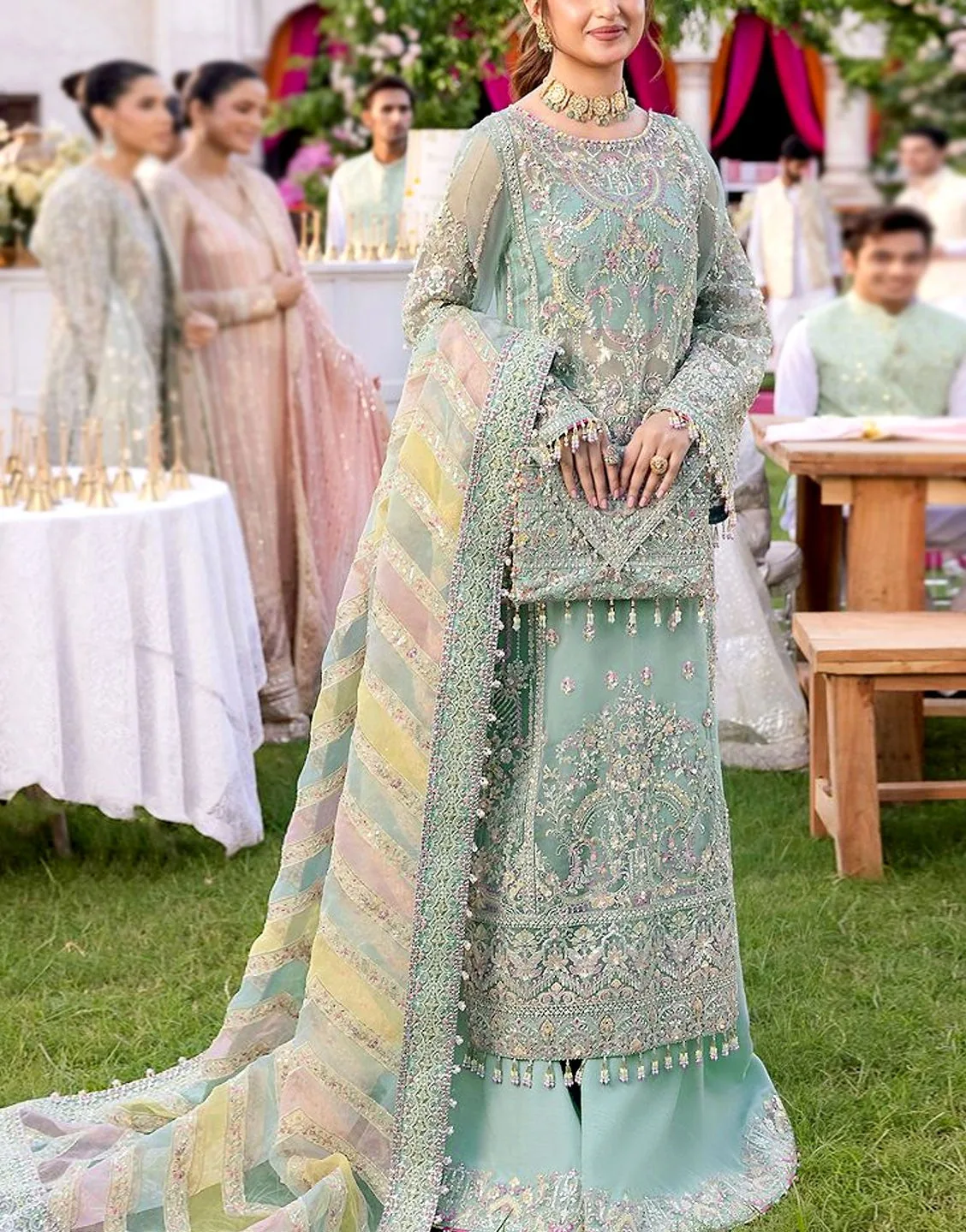 Glamorous Heavy Embroidered Mint Green Organza Wedding Dress