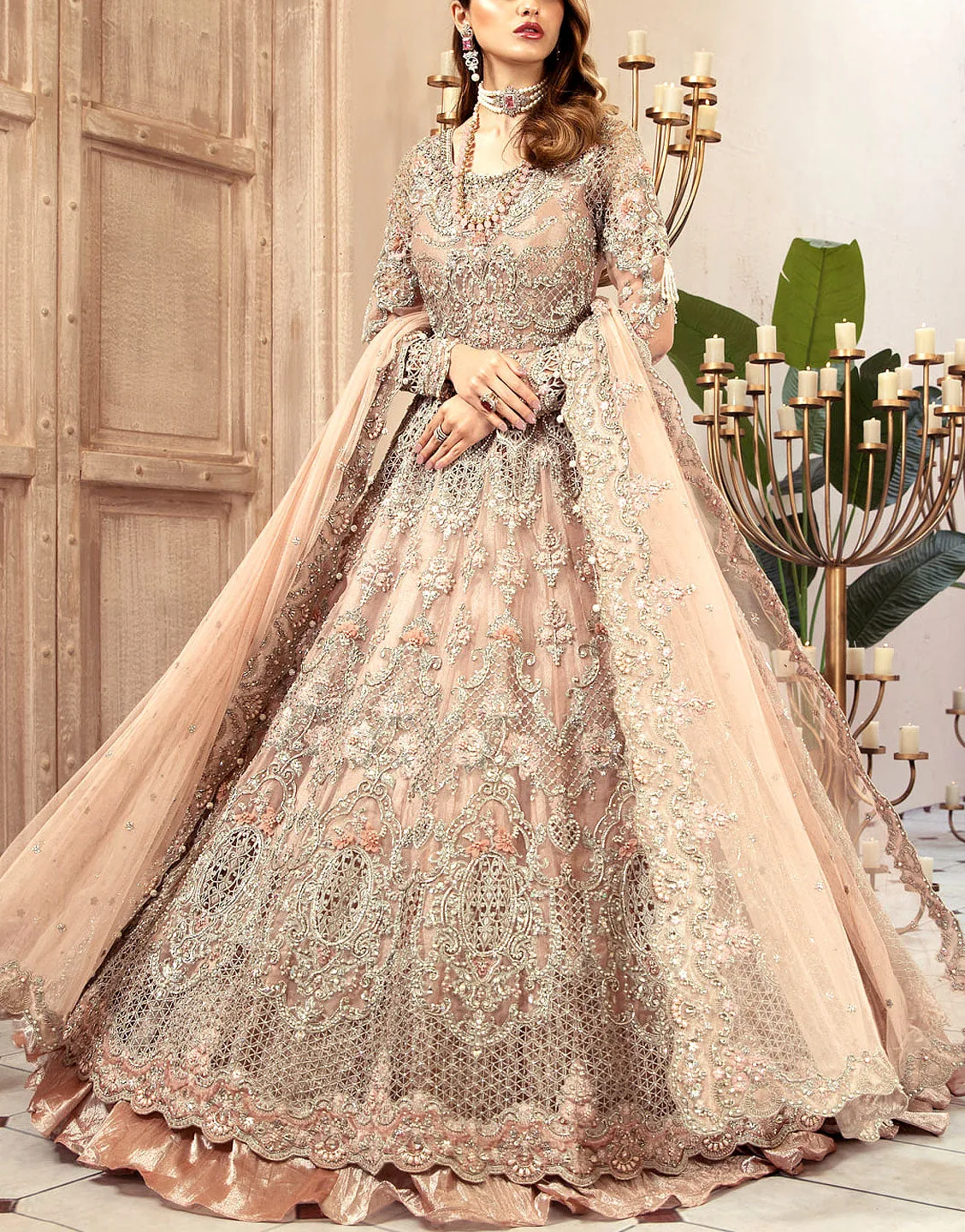 Luxurious 3D Handwork & Embroidered Peach Net Bridal