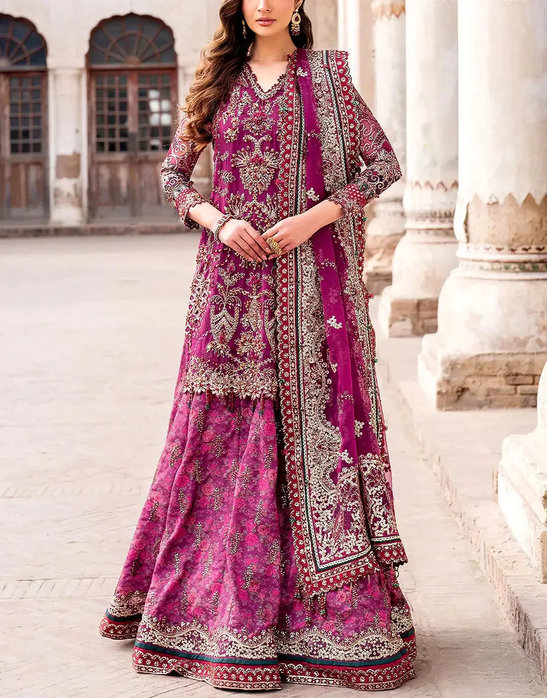 Glamorous Embroidered Magenta Chiffon Bridal Lehenga with Rich