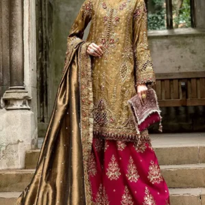 Glamorous Embroidered Antique Gold Raw Silk Bridal Dress