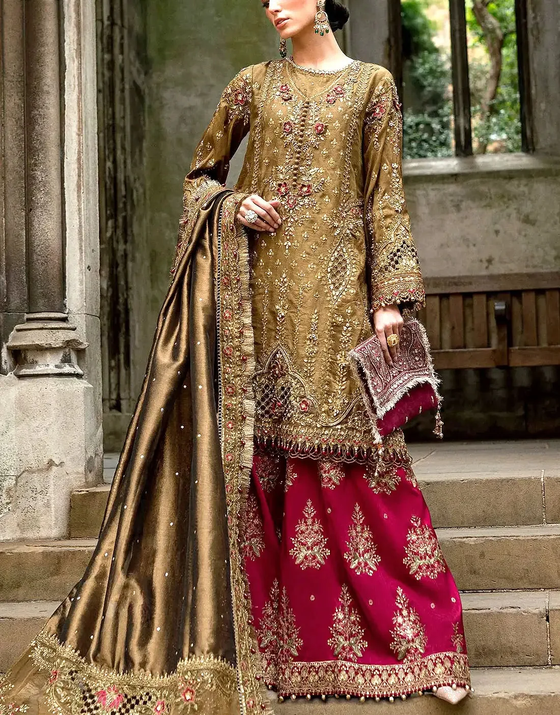 Glamorous Embroidered Antique Gold Raw Silk Bridal Dress