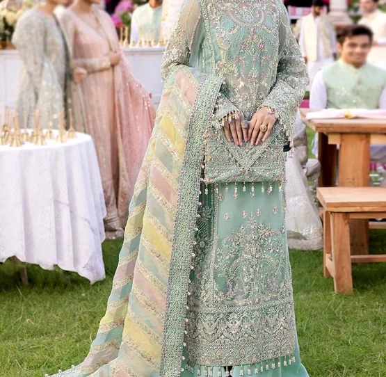 Glamorous Heavy Embroidered Mint Green Organza Wedding Dress