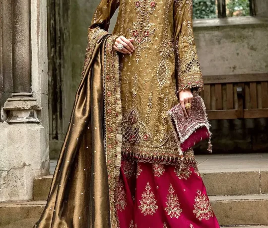 Glamorous Embroidered Antique Gold Raw Silk Bridal Dress